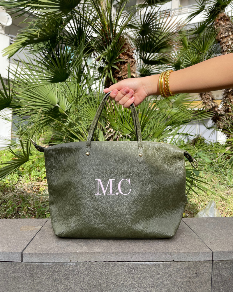 Olive Green Catalina Bag Personalized with embroidered initials M.C