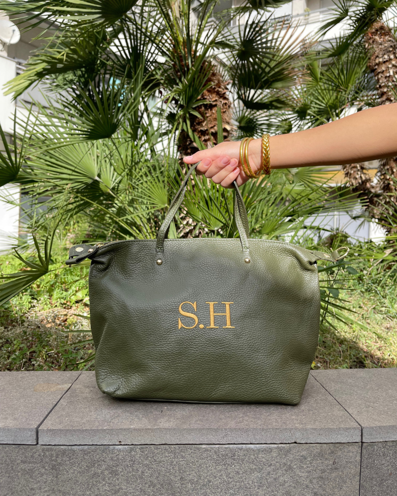 Personalized Olive Green Catalina Bag with embroidered initials S.H