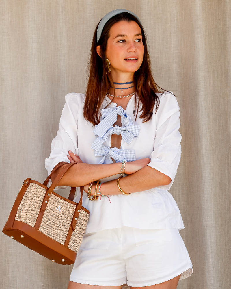 White linen with baby blue vichy bow Shirt