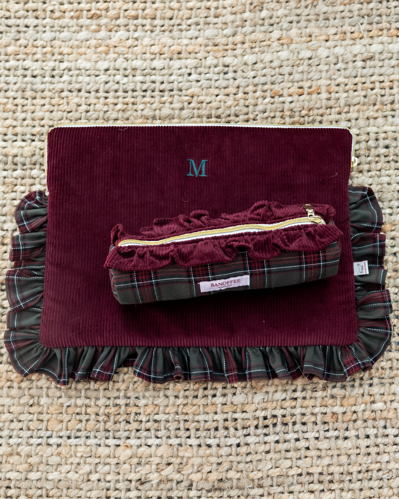 Maroon corduroy personalised case + pouch pack