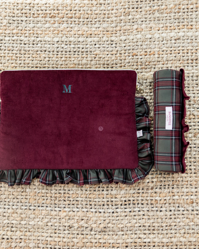 Maroon corduroy personalised case + pouch pack