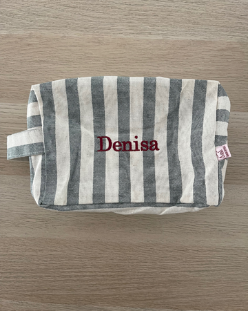 Beige Toiletry Bag with Stripes Personalized with Denisa Embroidery