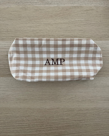 Personalized White and Brown Vichy Toiletry Bag with AMP Initials