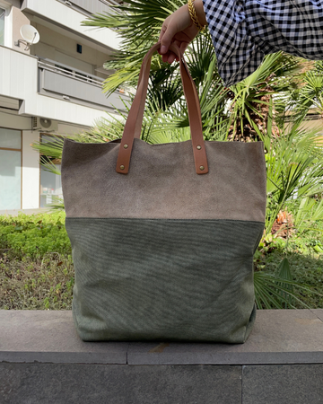 Beige and Khaki Suede Shopping Bag