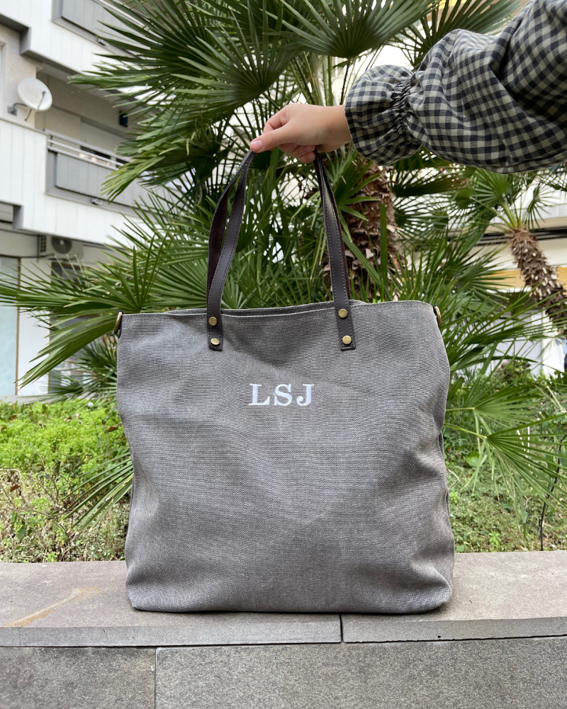 Personalized Gray Gabriella Bag with LSJ embroidery