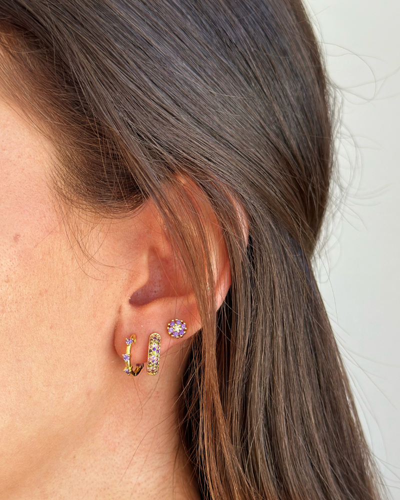 Mini hoop earrings with three lavender zircons