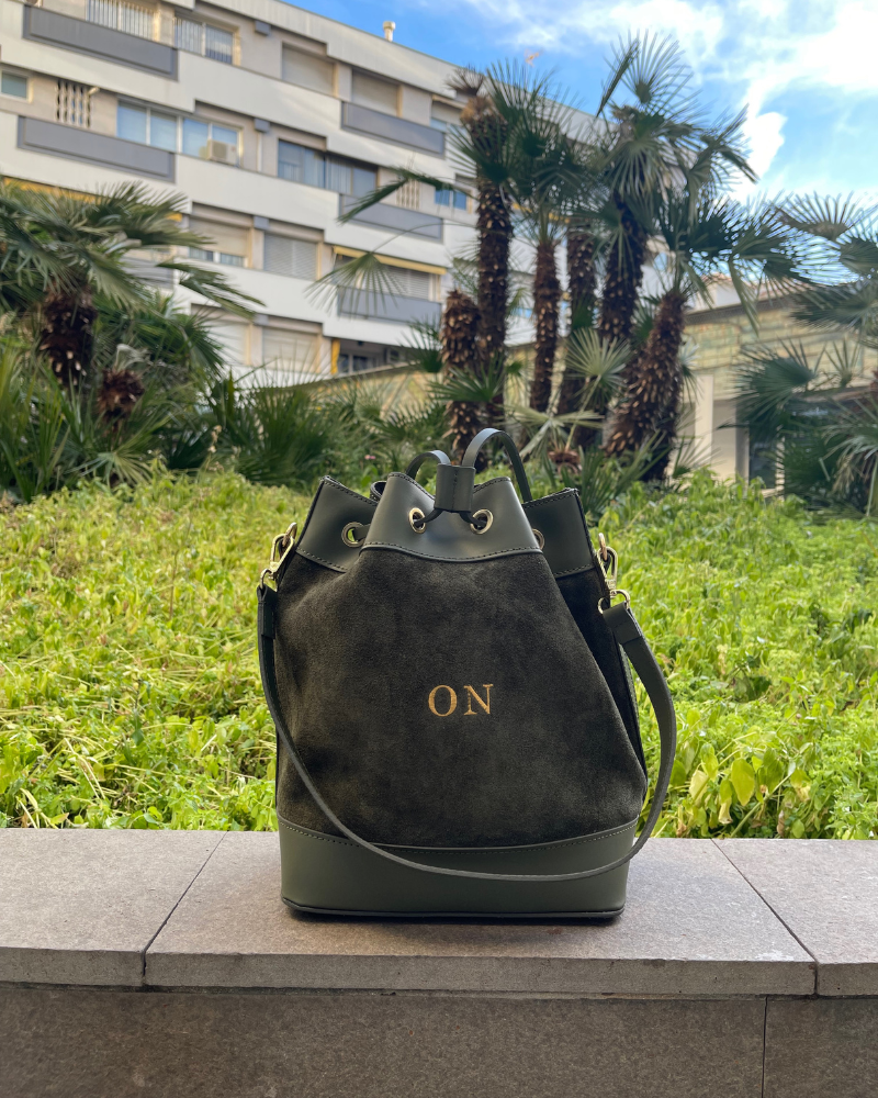 Big Carlota Bag Khaki Green Suede Personalized with the initials ON