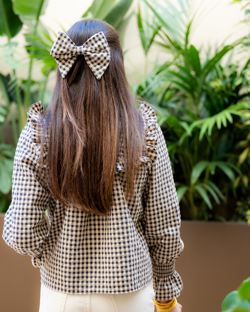 Vanilla gingham hair bow