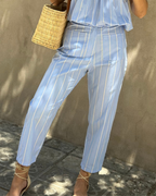 Blue trousers yellow stripe