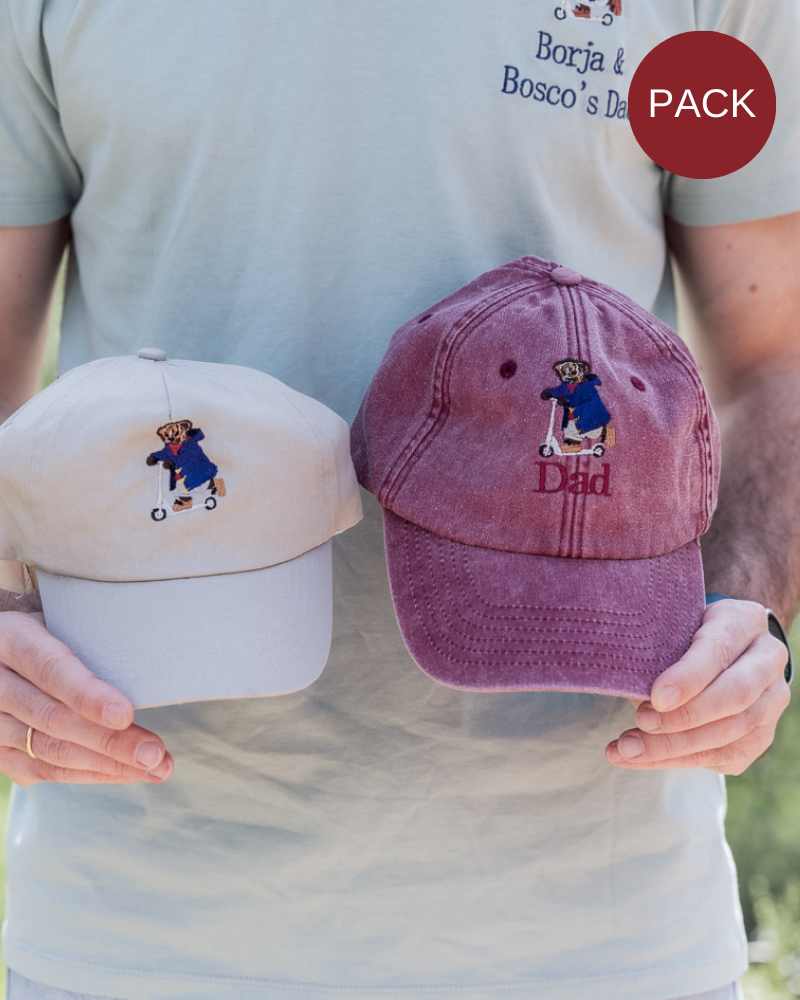 Pack Gorra personalizada adulto y niño dibujo Oso en patinete