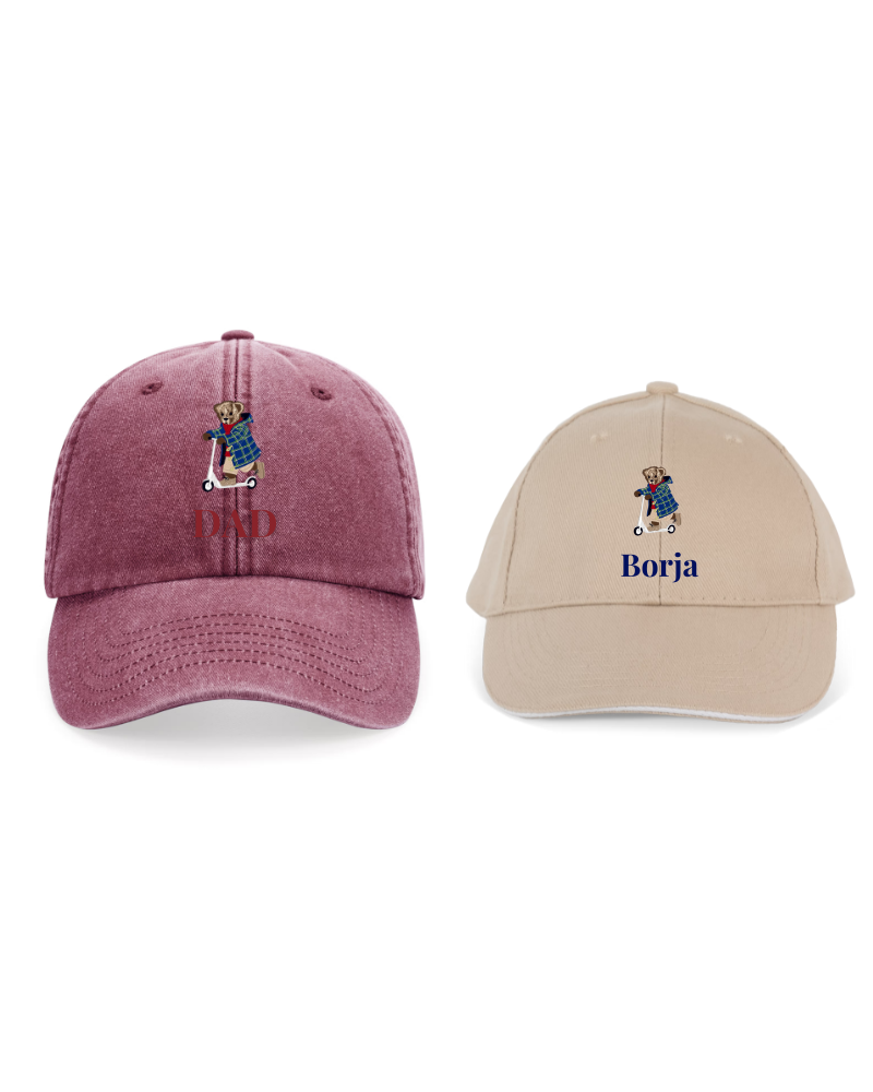 Pack Gorra personalizada adulto y niño dibujo Oso en patinete