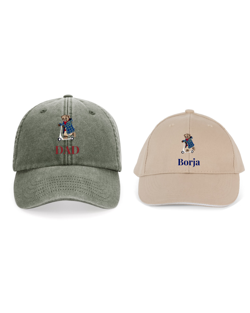 Pack Gorra personalizada adulto y niño dibujo Oso en patinete