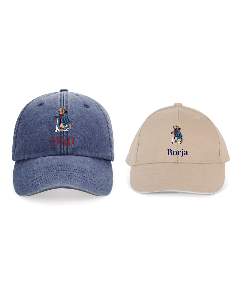Pack Gorra personalizada adulto y niño dibujo Oso en patinete