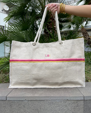 Personalized Multicolor Beige Shopping Bag with Initials LSI