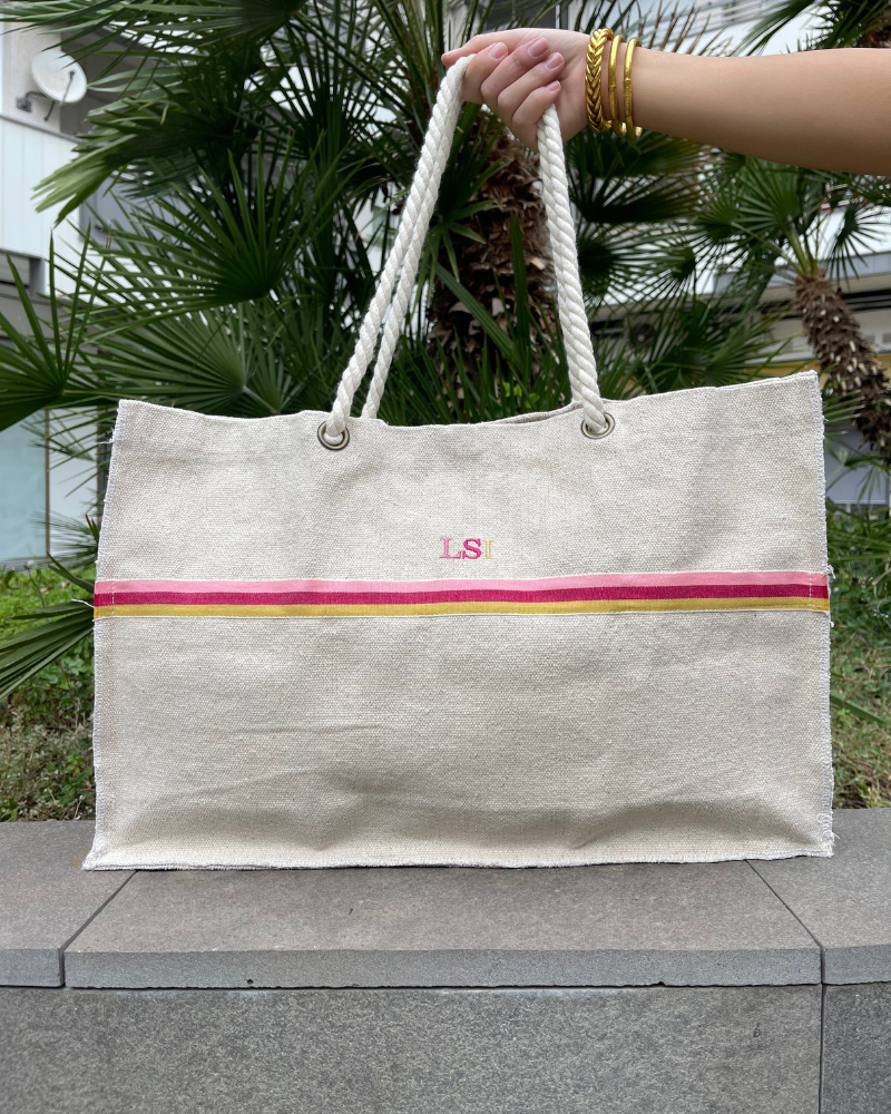 Bolso Shopping Bag Beige Multicolor Personalizado con Iniciales LSI