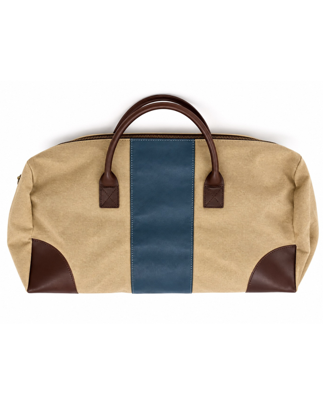 Beige Travel Bag with Blue Leather