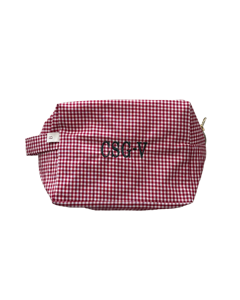 Small red gingham toiletry bag Personalized with CSG-V Embroidery in bottle green