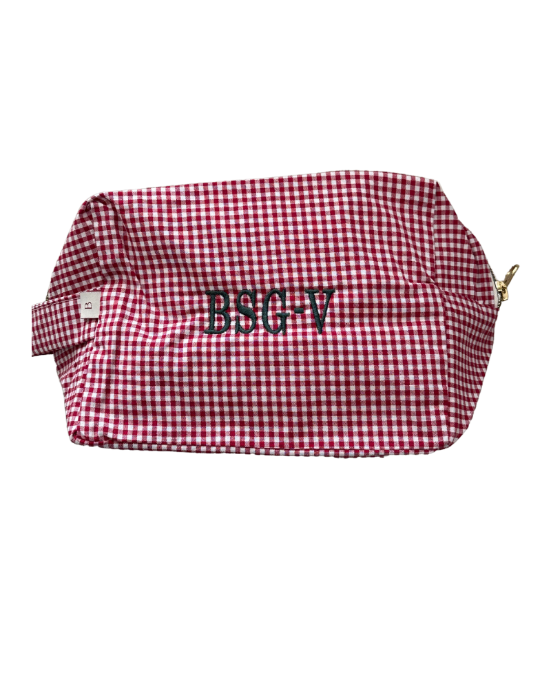 Small red gingham toiletry bag Personalized with BSG-V Embroidery in bottle green
