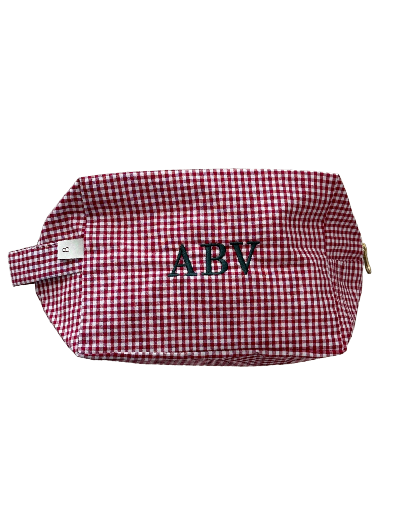 Small red gingham toiletry bag Personalized with ABV Embroidery in bottle green