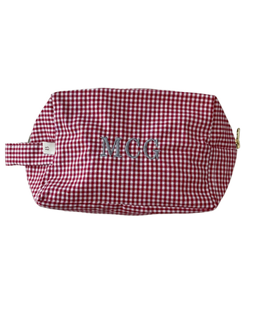 Small red gingham toiletry bag Personalized with MCG Embroidery in light gray