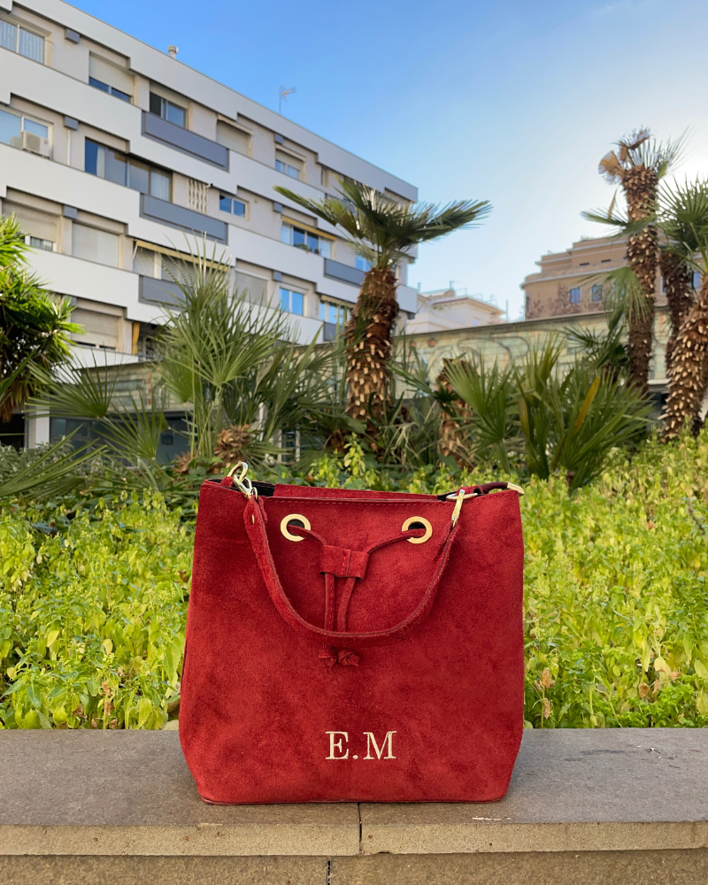 Red Suede Bouler Bag Personalized with the initials E.M