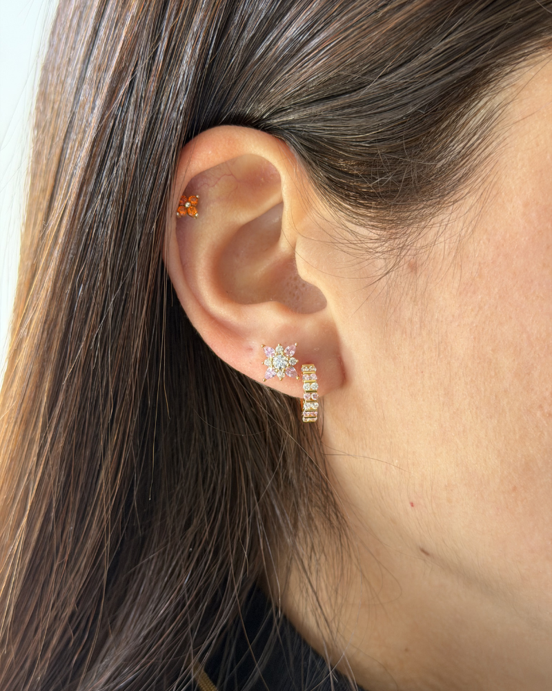 Pendientes pequeños en forma rosa de los vientos baño de oro con zirconitas rosa y blanco