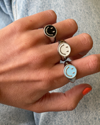 Happy Face Black Silver Ring
