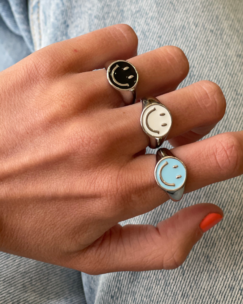 Anillo Happy Face Black Silver