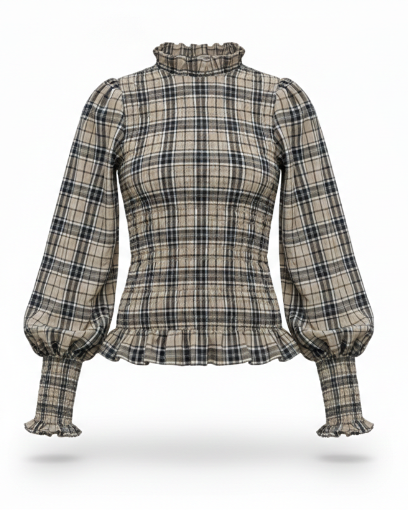 Camisa Palermo de Banoffee BCN en tejido seersucker de cuadros beige y azul marino, vista frontal.