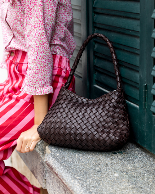 bolso maria piel trenzada marron chocolate mujer elegante