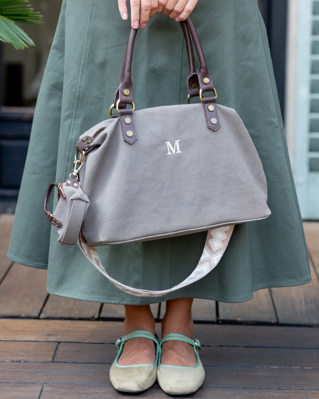 Federica Midi Grey Bag – Canvas & Leather, Personalized