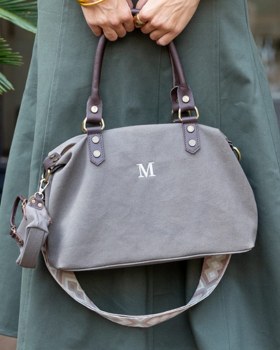 Federica Midi Grey Bag – Canvas & Leather, Personalized