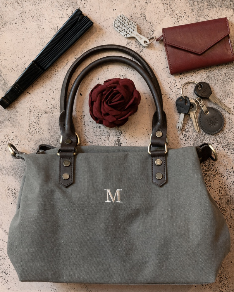 Federica Midi Grey Bag – Canvas & Leather, Personalized