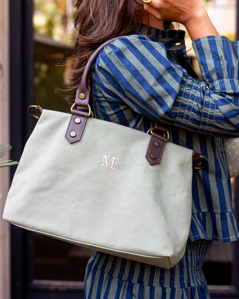 Federica Midi Khaki Bag – Canvas & Leather, Personalized