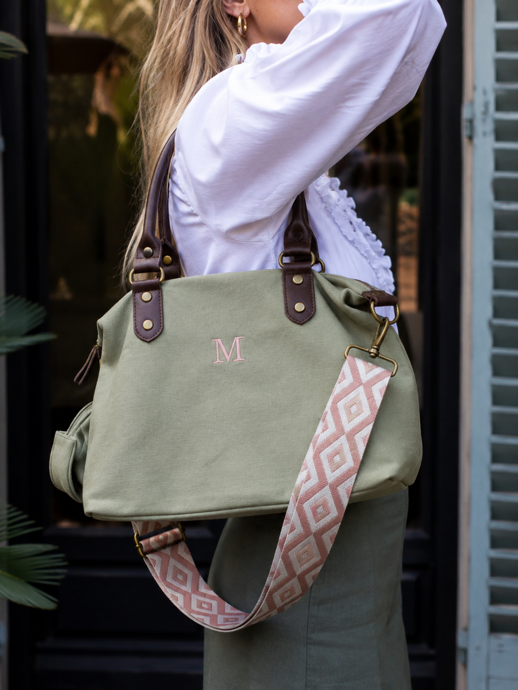 Federica Midi Khaki Bag – Canvas & Leather, Personalized