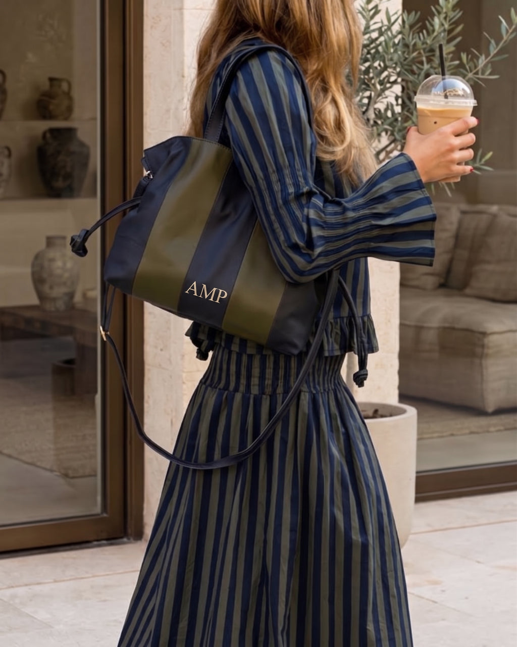  Martina Green and Blue Stripes Handbag with Handle