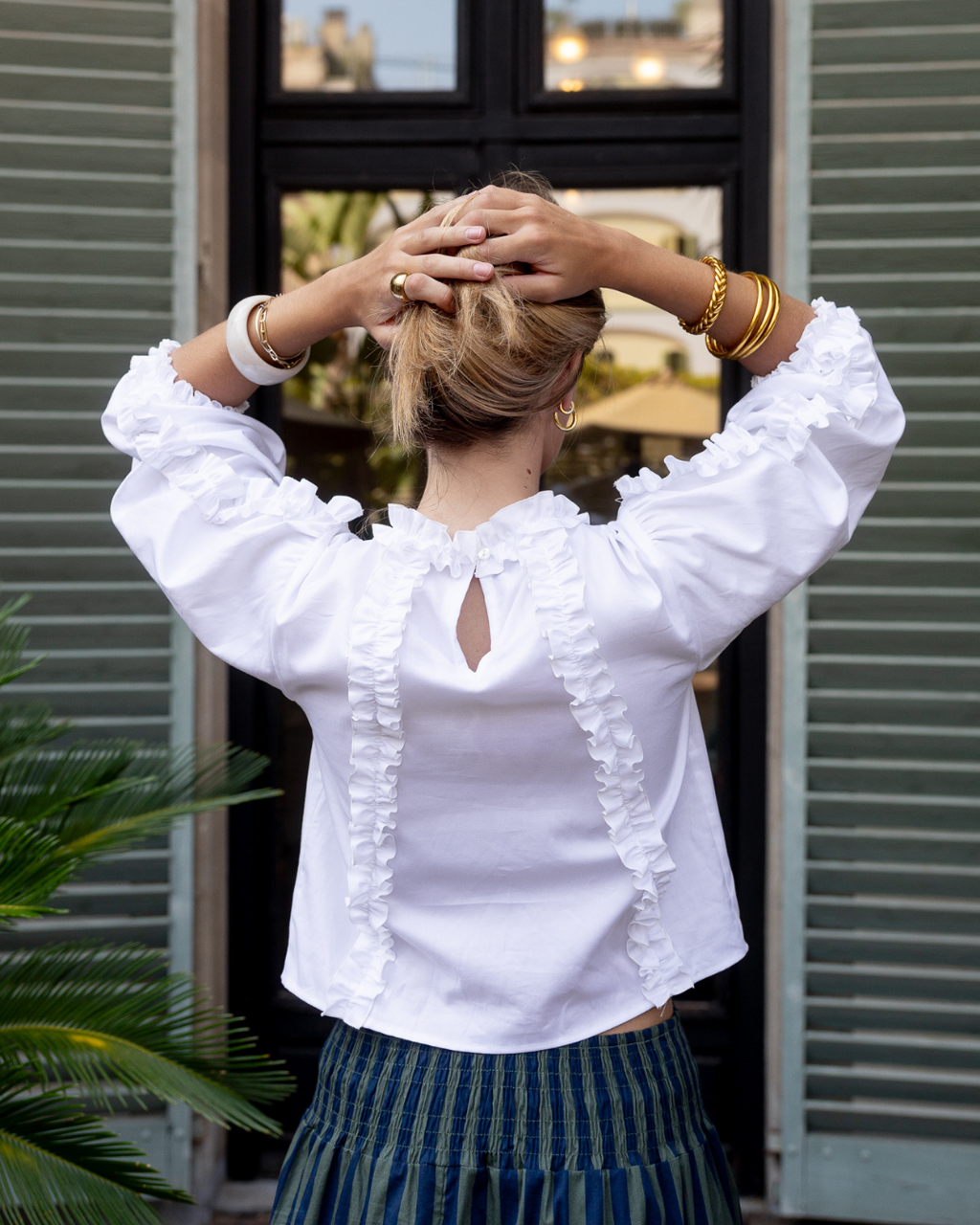 Bianca Shirt – White Pique Ruffle Trim