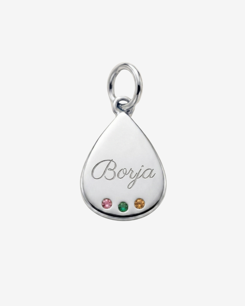 Customisable teardrop charm with three cubic zirconia stones