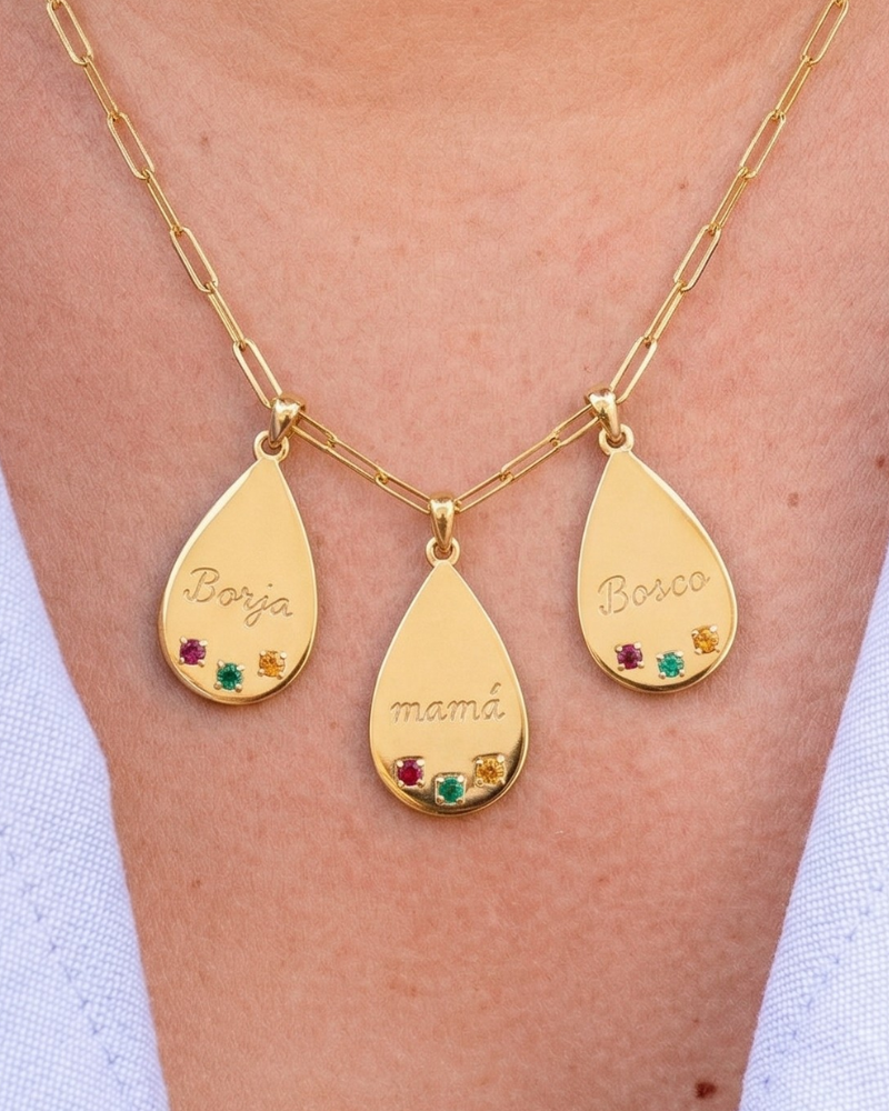 Engraved teardrop charm necklace with cubic zirconia