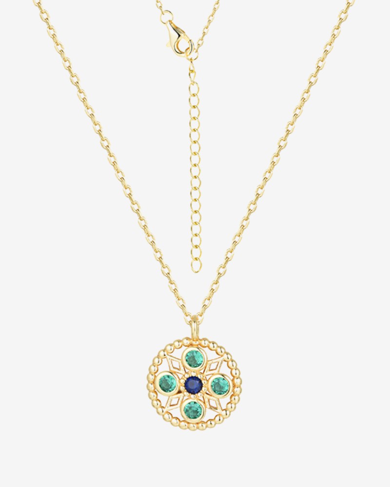 collar Mumbai medallon dorado con piedras verdes y azul mujer