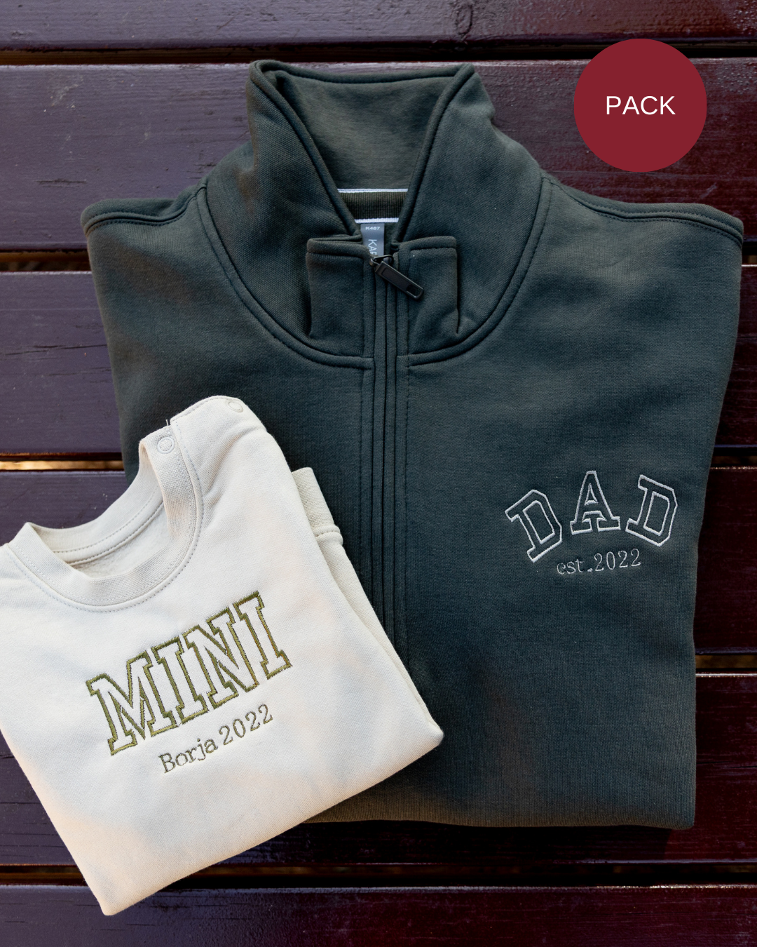 Pack bebé y adulto (zip) sudaderas personalizadas Dad y Mini (hasta 36 meses)