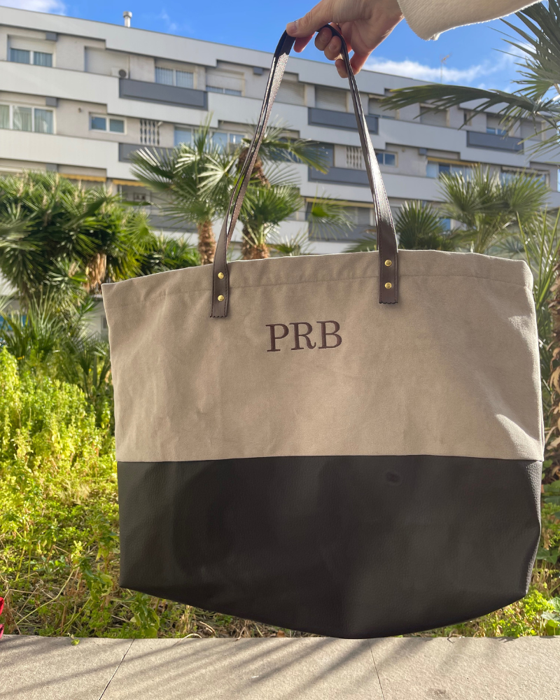 Beige Wool Shopping Bag Personalized with PRB Initials