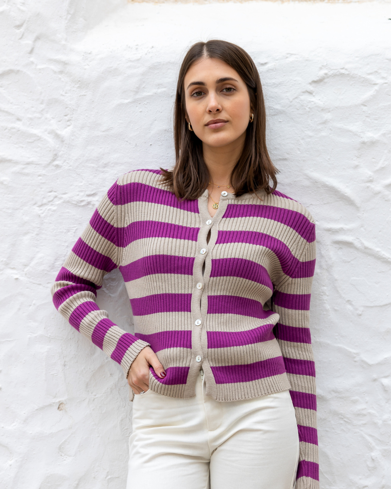 jersey de canalé rayas beige y fucsia  mujer