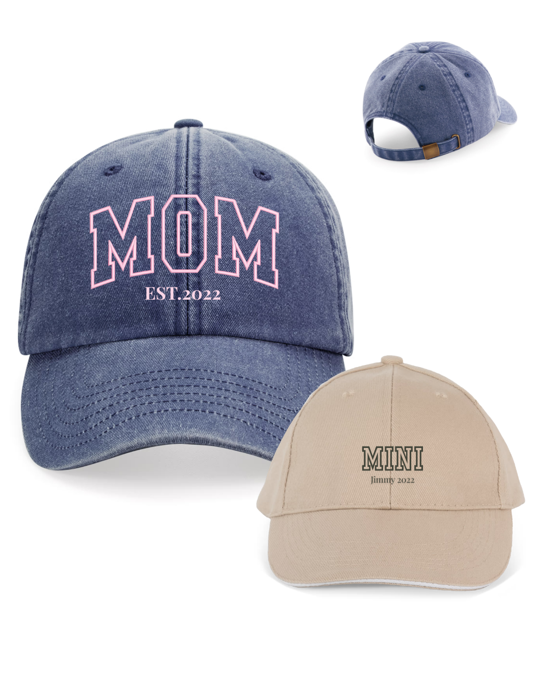 Pack gorras personalizadas MOM y MINI letras gruesas