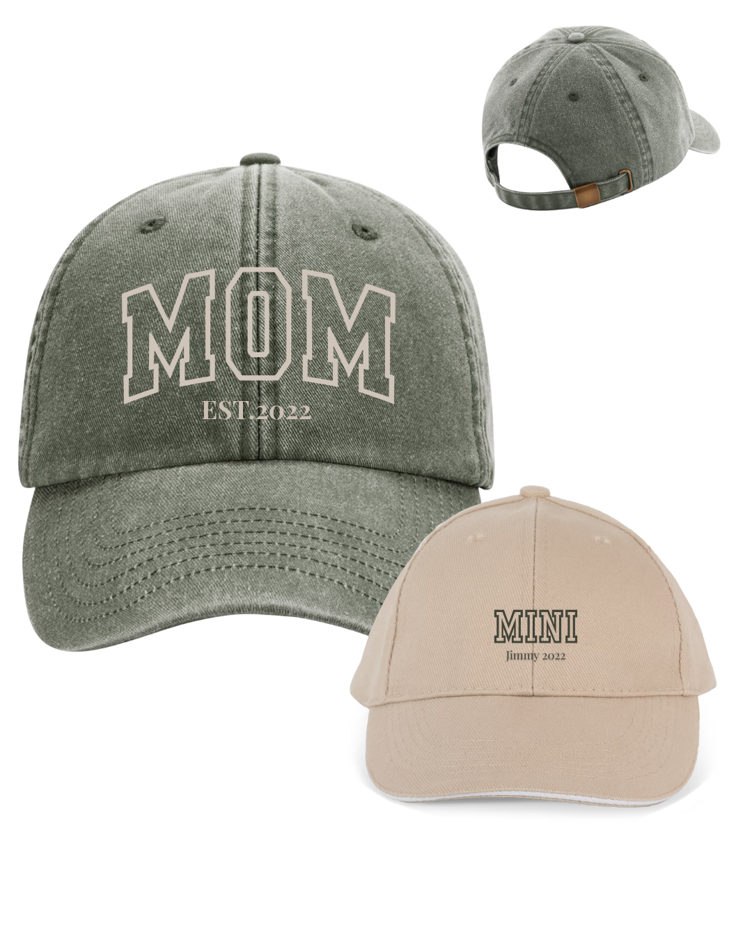 Pack of customised DAD and MINI caps with bold lettering