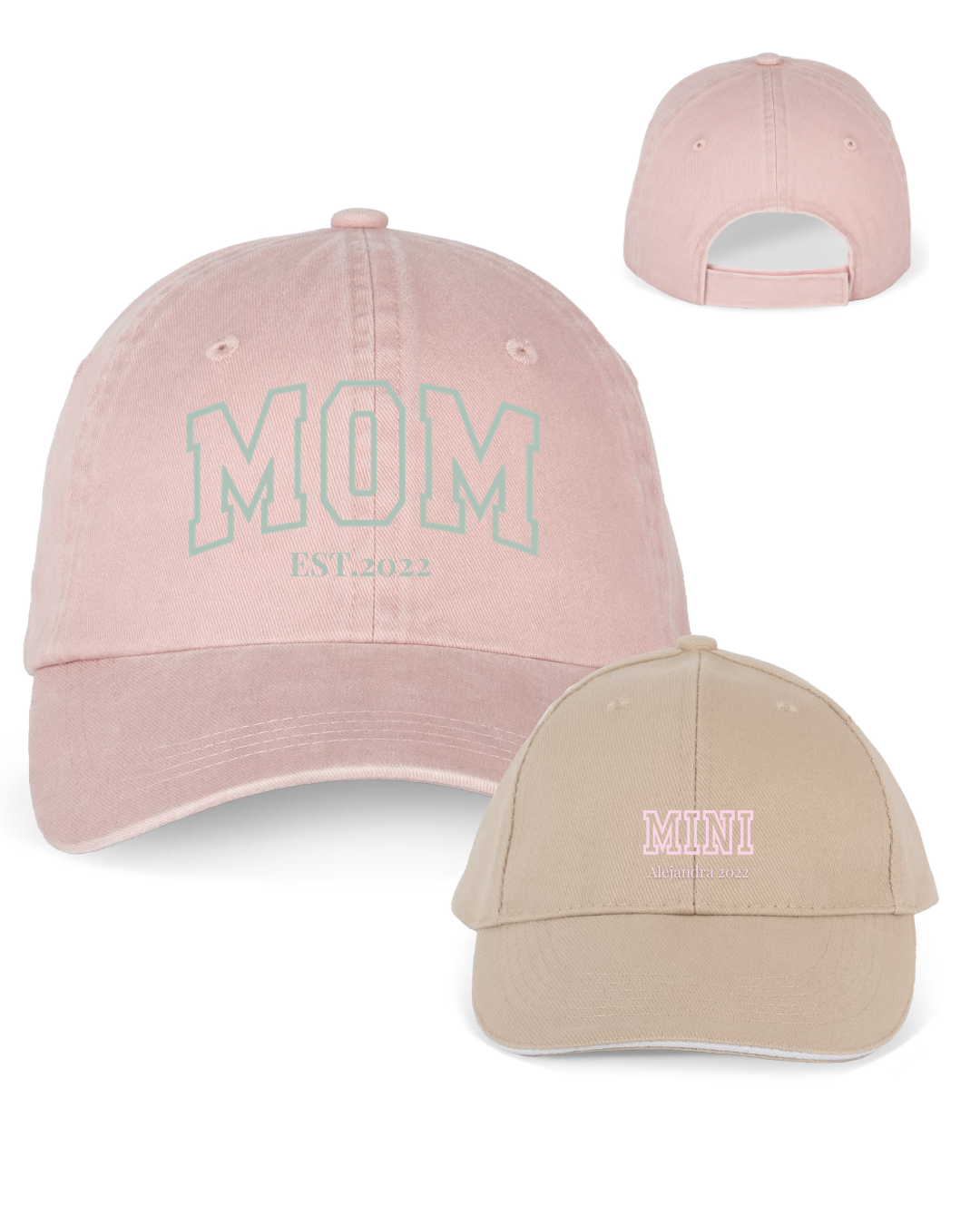 Pack gorras personalizadas MOM y MINI letras gruesas
