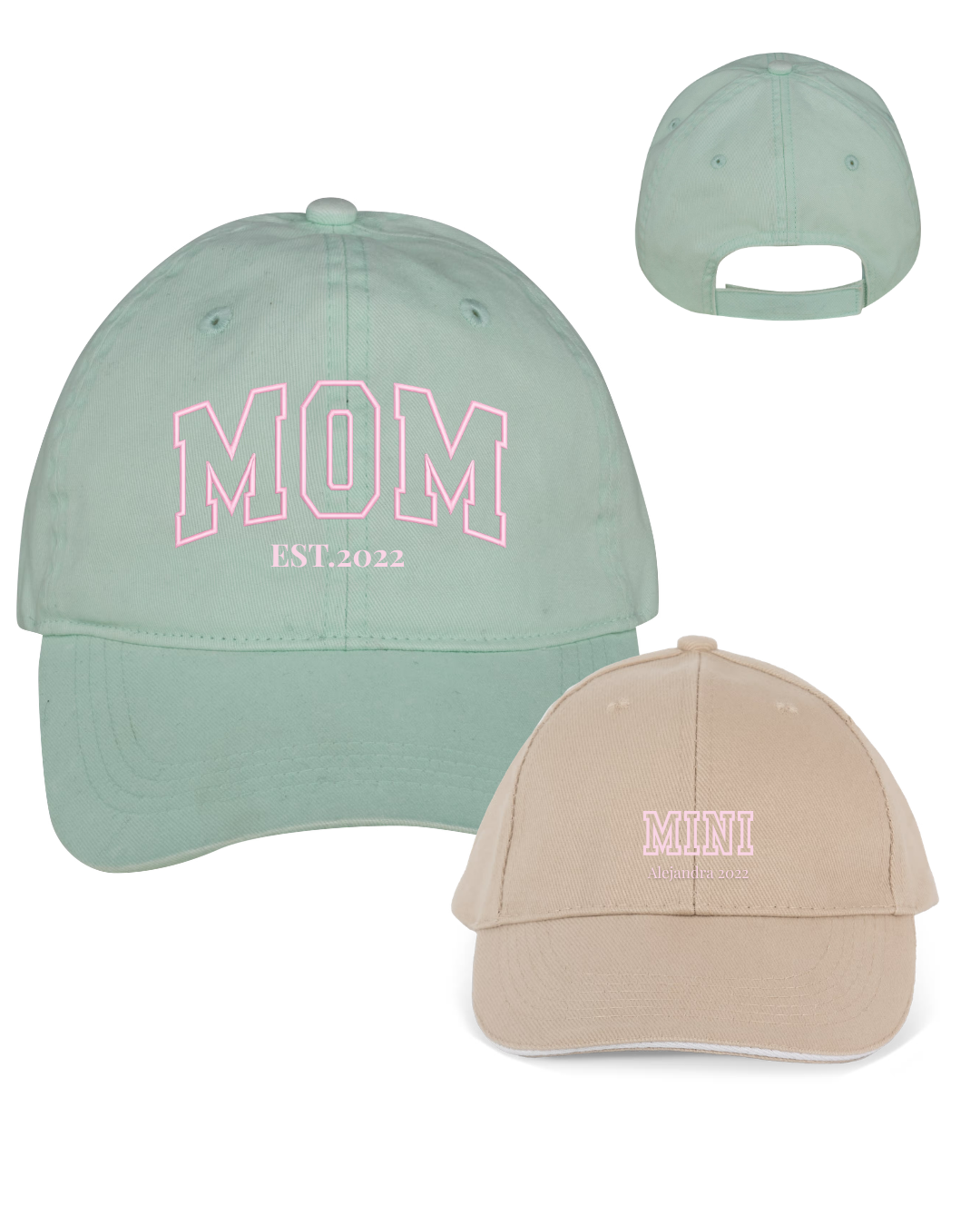 Pack gorras personalizadas MOM y MINI letras gruesas