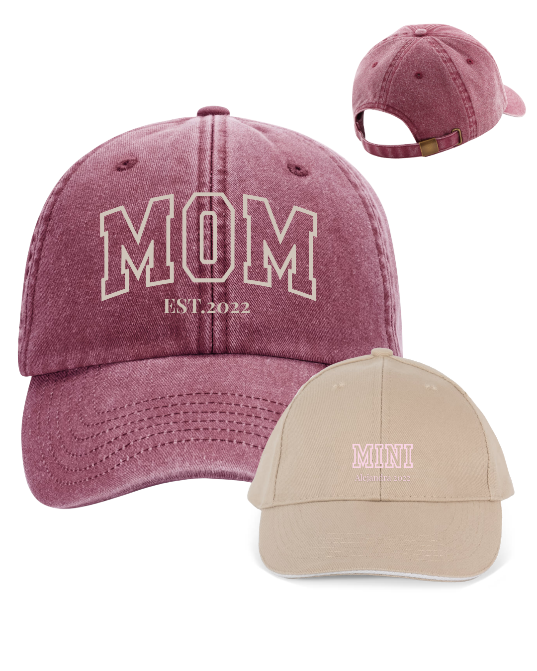 Pack gorras personalizadas MOM y MINI letras gruesas