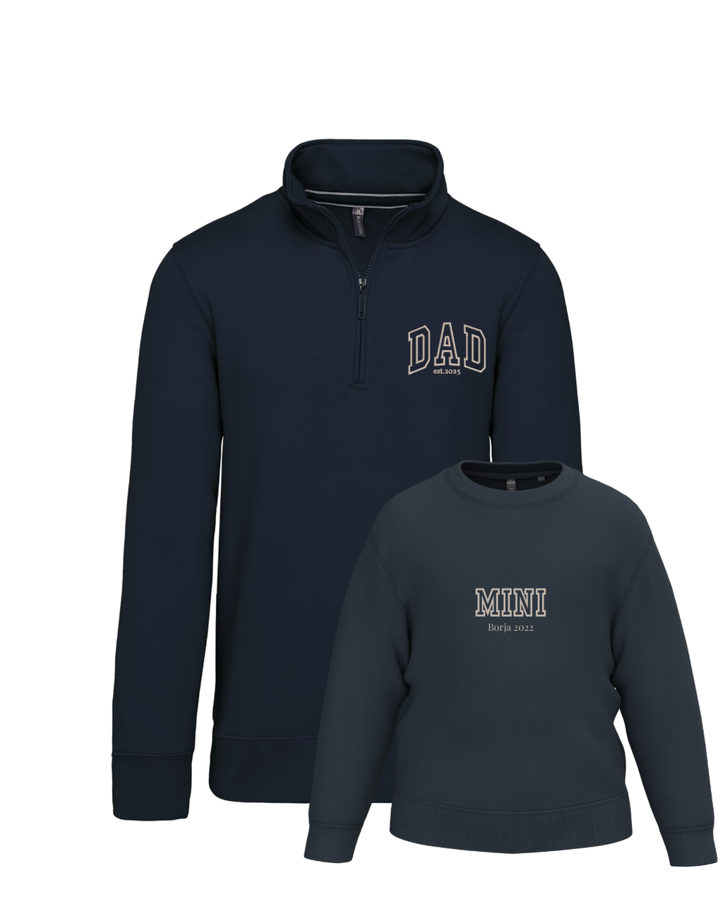 Pack bebé y adulto (zip) sudaderas personalizadas Dad y Mini (hasta 36 meses)