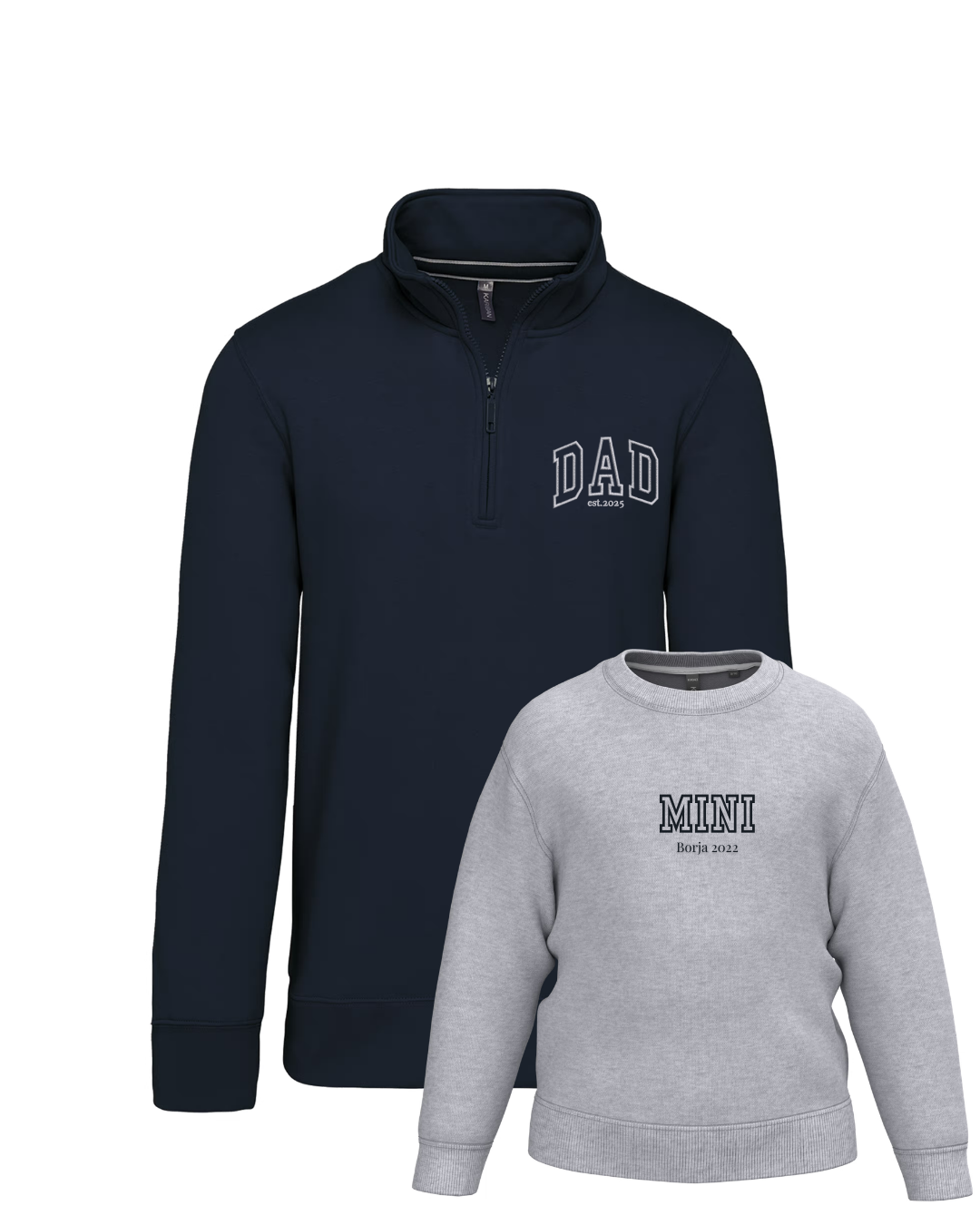 Pack bebé y adulto (zip) sudaderas personalizadas Dad y Mini (hasta 36 meses)